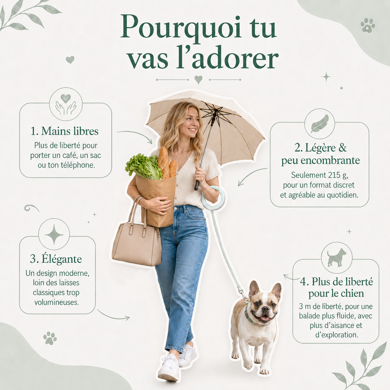 Laisse rétractable mains libres pour chien avec poignée ronde ergonomique Bild